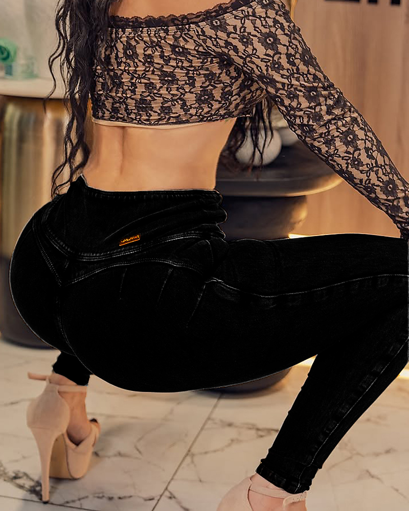 Tummy Control Jeans in Vintage Look with Multiple Buttons for Women