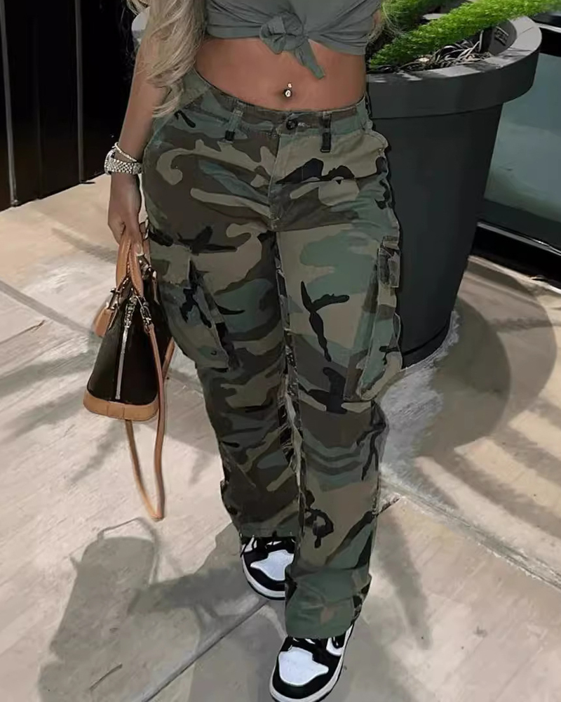 High-Rise Straight-Leg Camouflage Cargo Trousers