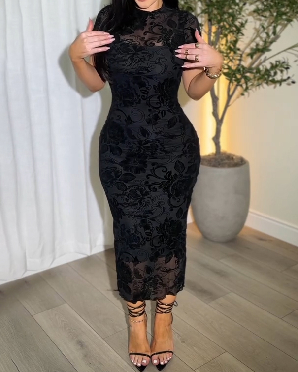 Women's Sheer Mesh Sexy Bodycon Dress with Retro Prints