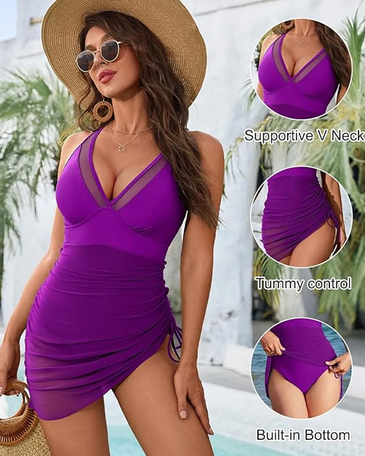 Tummy Control Mesh Sheer Sarong Wraps Women One Piece Swim Dress