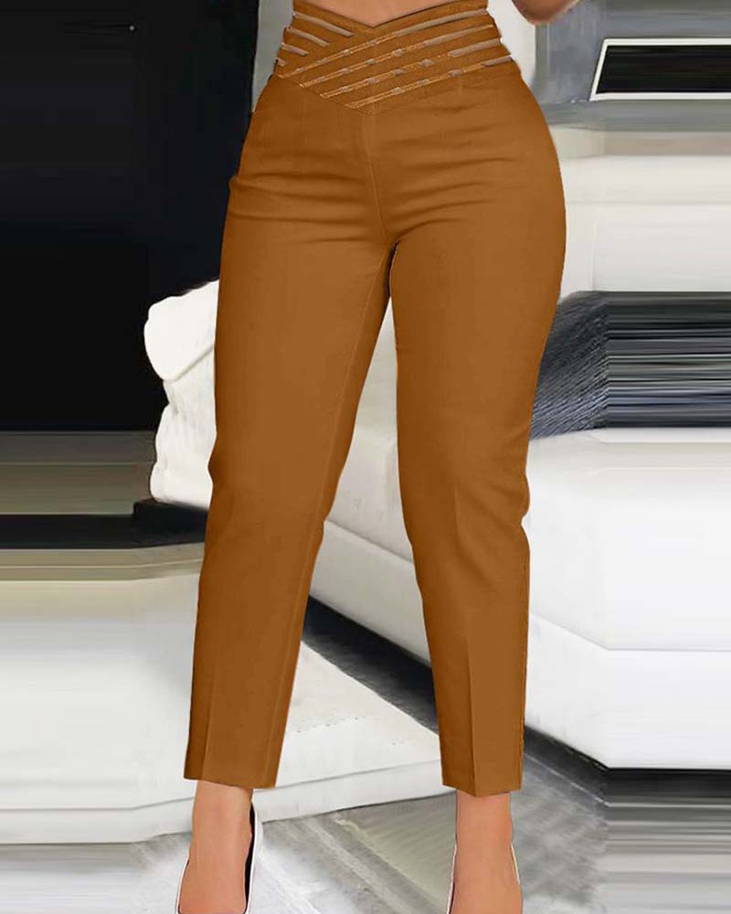 Casual Overlap Waist Hollow Out Work Pant High Waisted Pencil Stretch Pants for Women Trendy