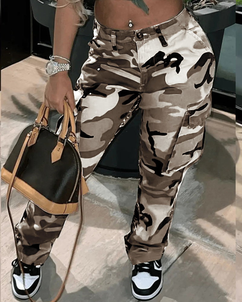 High-Rise Straight-Leg Camouflage Cargo Trousers