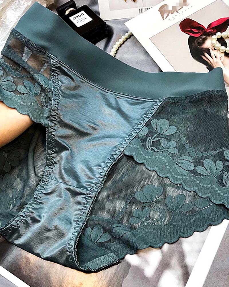 High-End Satin Light Luxury Lace High-Waisted Belly Panties