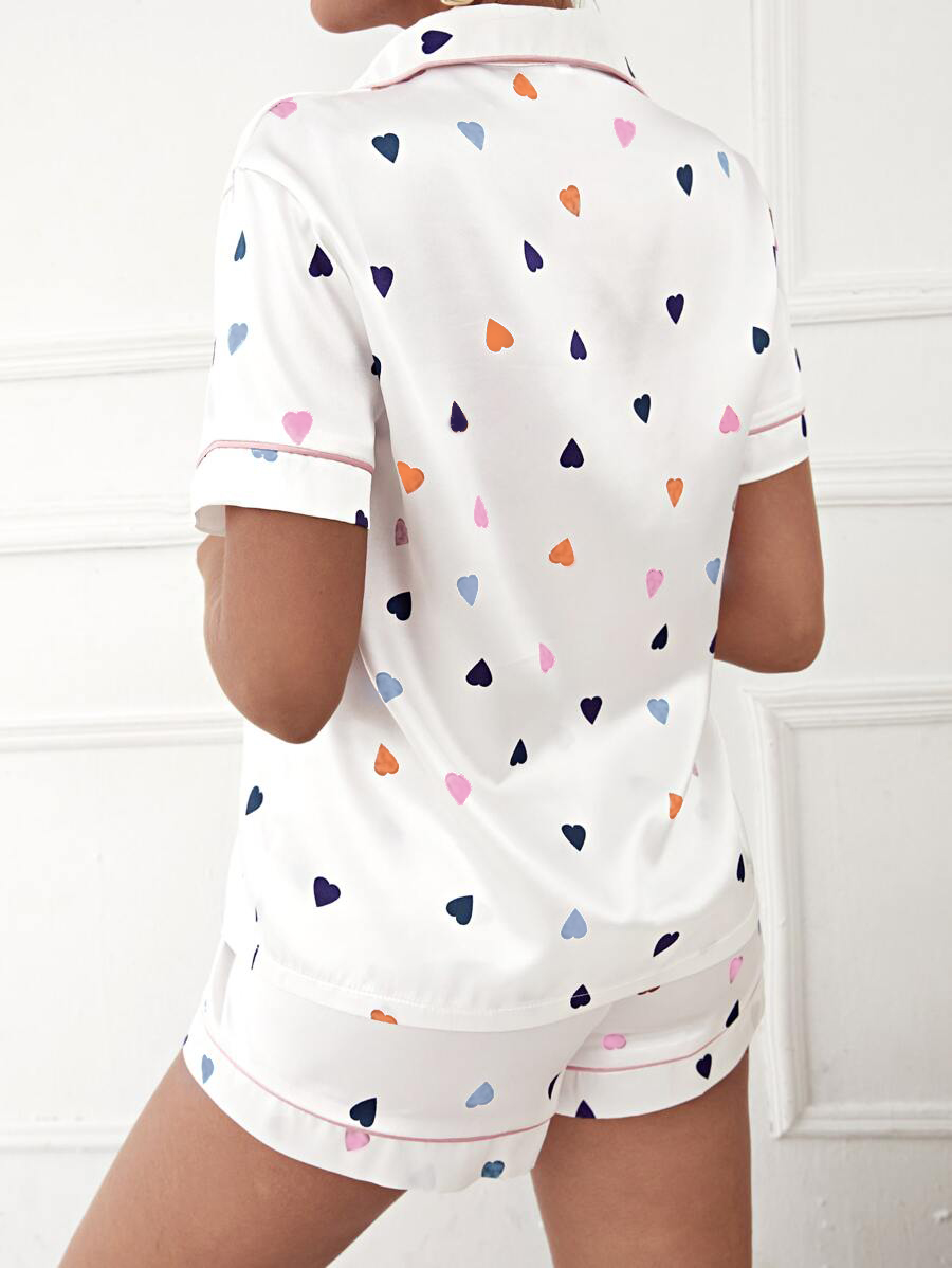 Cozy Heart Print Women's Pajama Set - Short Sleeve Button-Up Top and Elastic Waist Shorts