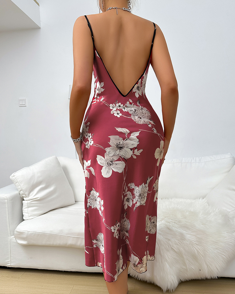 Floral Print Ice Silk Sling Nightdress