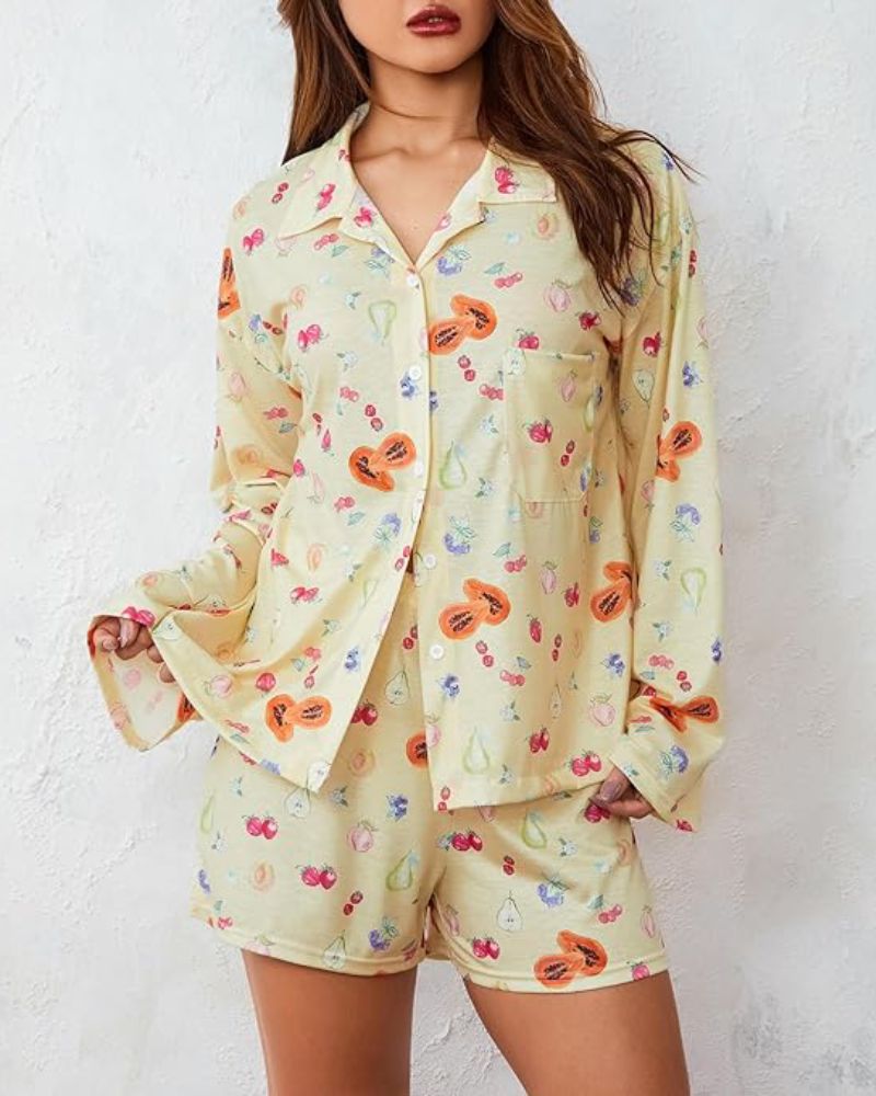 Printed Long Sleeves Button Shirt Shorts Set