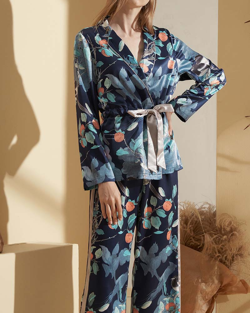 Lapel Printed Satin Pajama Set