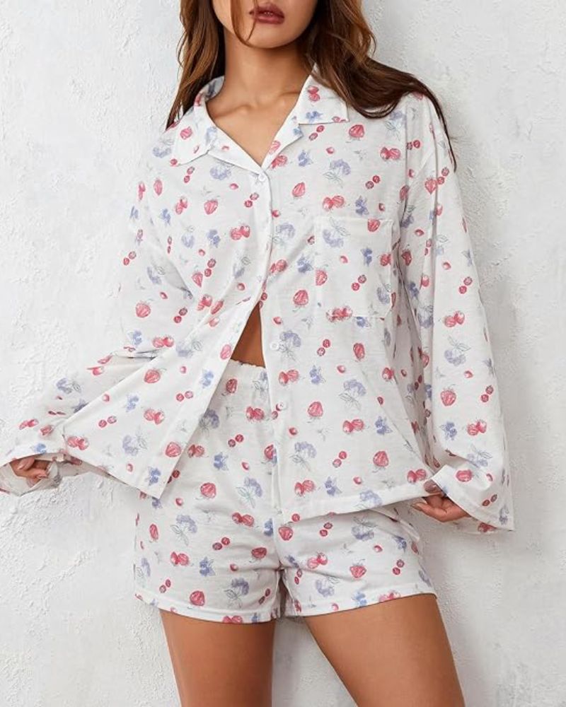 Printed Long Sleeves Button Shirt Shorts Set