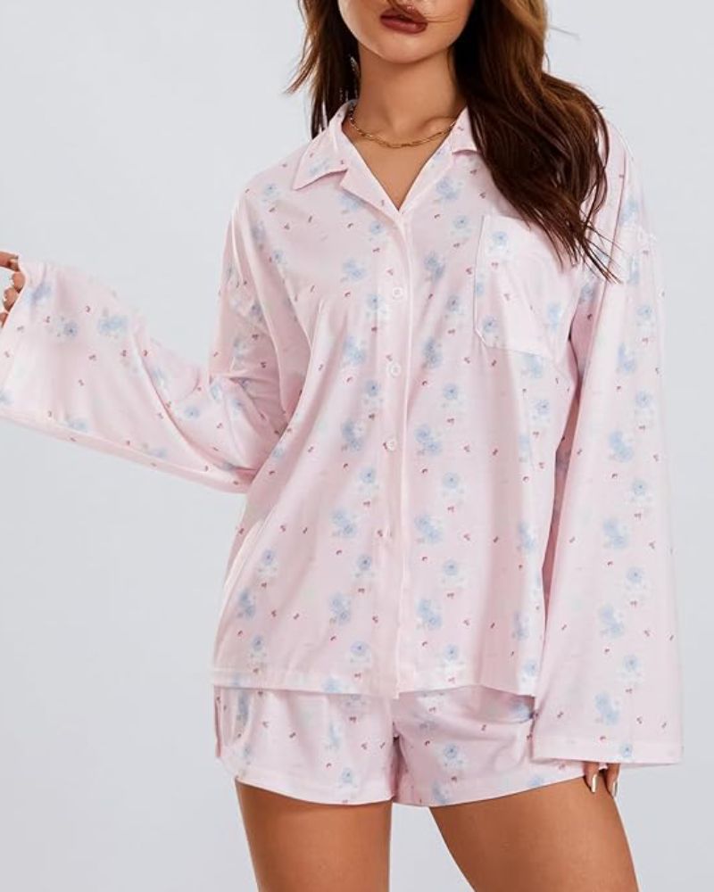 Printed Long Sleeves Button Shirt Shorts Set