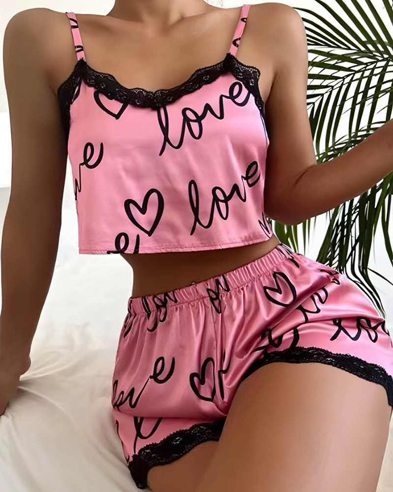 Lace Suspender Heart Print Pajama Set