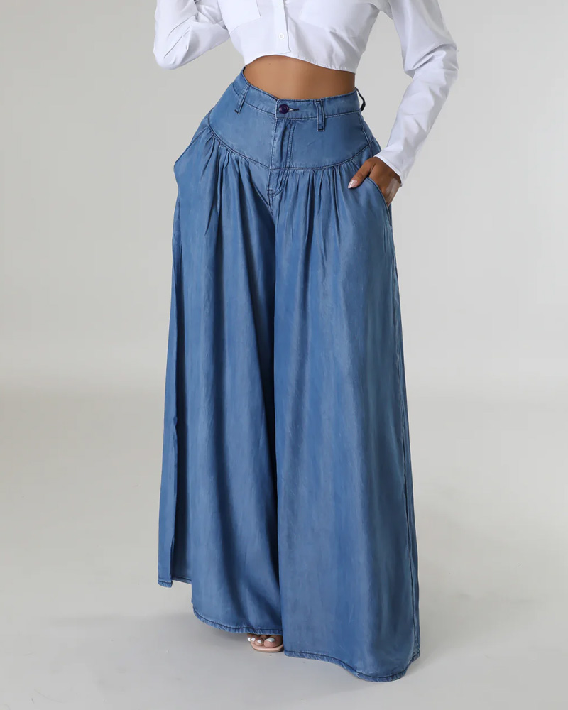 High Waist Zipper Wide Leg Denim Women Pants Jeans Casual Floor Loose Ladies Spring Longs Feminine Skirt Trousers