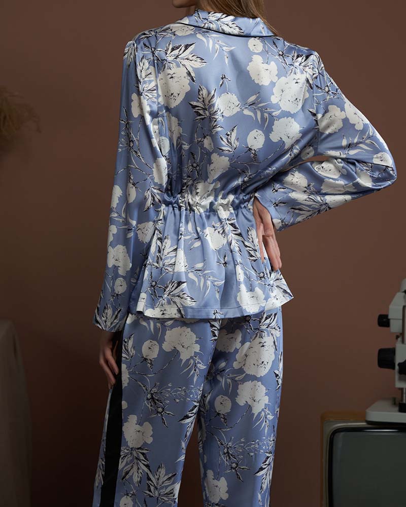 Lapel Printed Satin Pajama Set
