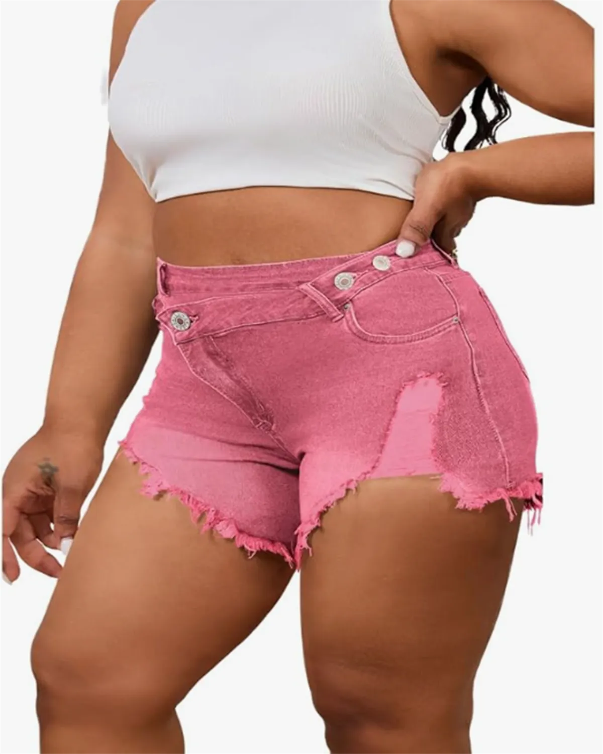 Diagonal Button Design Raw Edge Ripped Cool Style Denim Shorts Hot Pants