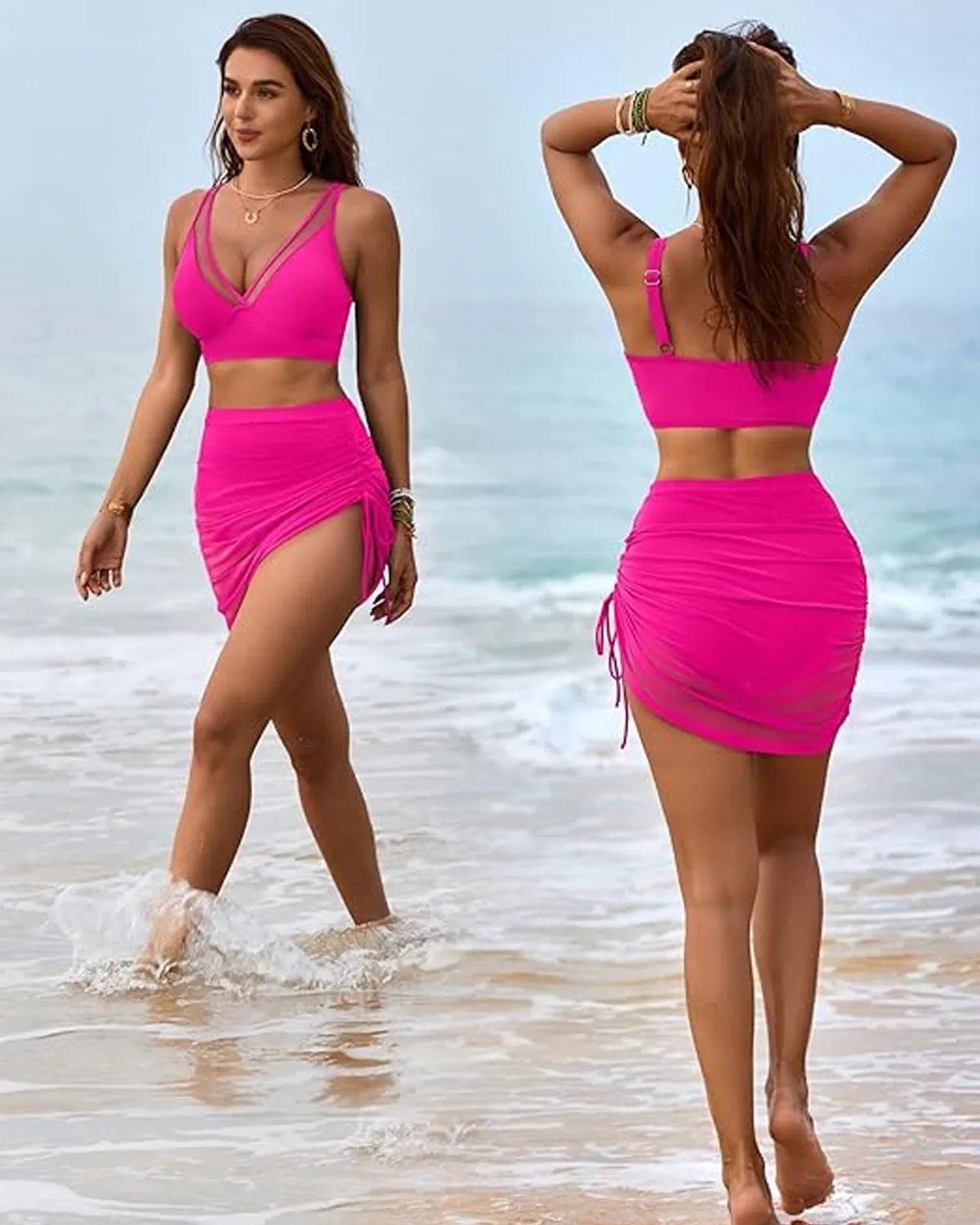 Swim Skirt High Waisted Bikini Sets Tummy Control Swimsuits Mesh Sarong Wraps Bathing Suits