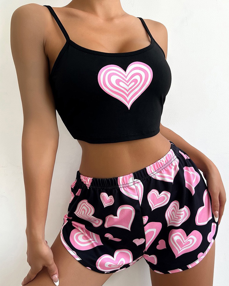 Suspender Print Top Shorts Pajama Set